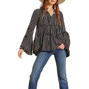 NWT Savanna Jane Black White Stripe Tiered Blouse Tie Neck bell sleeves Small